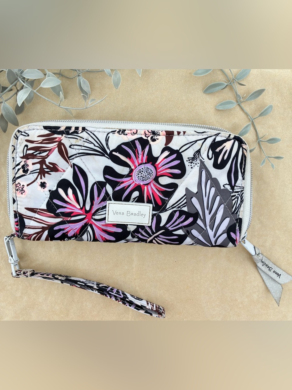 Vera Bradley Black, Pink & Purple Floral Quilted Wristlet “Sun Washed Tropical”